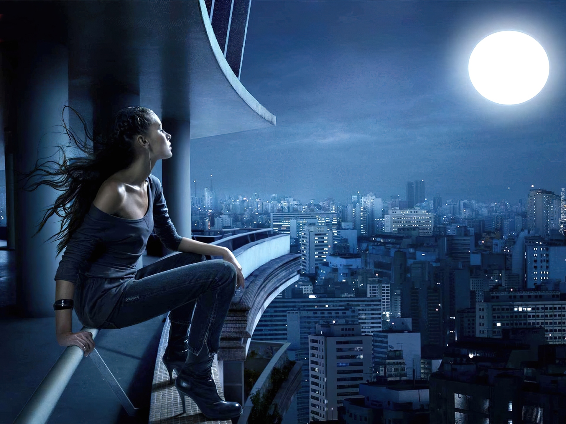 Księżyc, Dziewczyna, Panorama, Miasta
