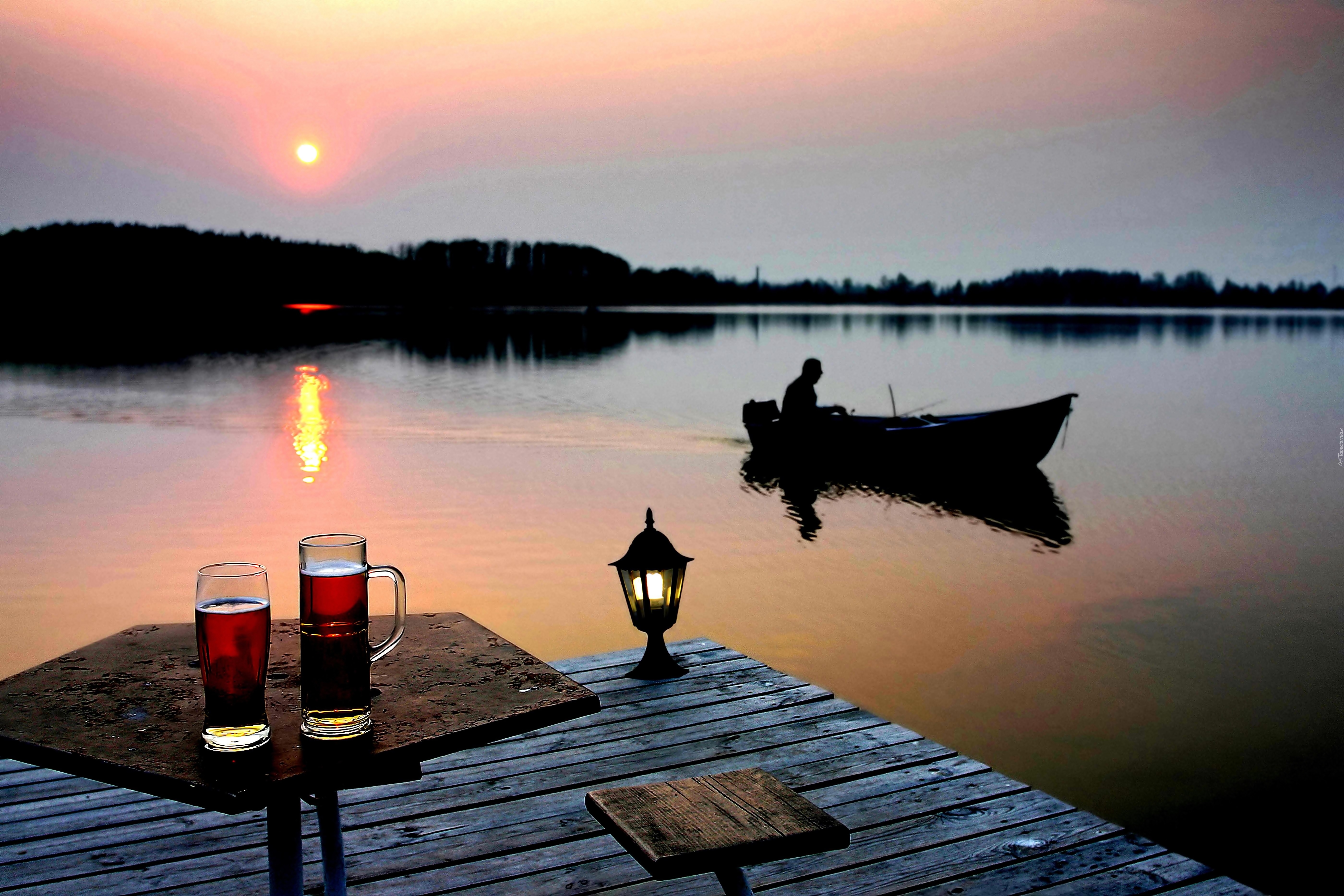 Jezioro, Zachód słońca, Rybak, Łódź