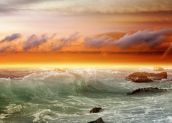 Morze, Fale, Zachód Słońca