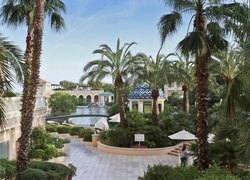 Monako, Hotel, Monte Carlo, Palmy, Dziedziniec, Basen, Parasole, Altana