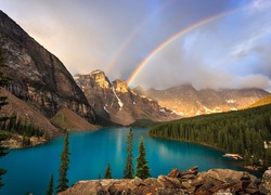 Kanada, Prowincja Alberta, Park Narodowy Banff, Dolina Dziesięciu Szczytów, Valley of the Ten Peaks, Góry, Jezioro Moraine, Tęcza