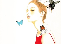 Rudowłosa, Młoda, Kobieta, Motyle, Rysunek